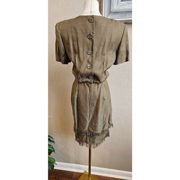Vintage 80s Beau David Linen Blend Fringe Dress Women‎ Sz 8 Olive Green - Picture 2 of 12